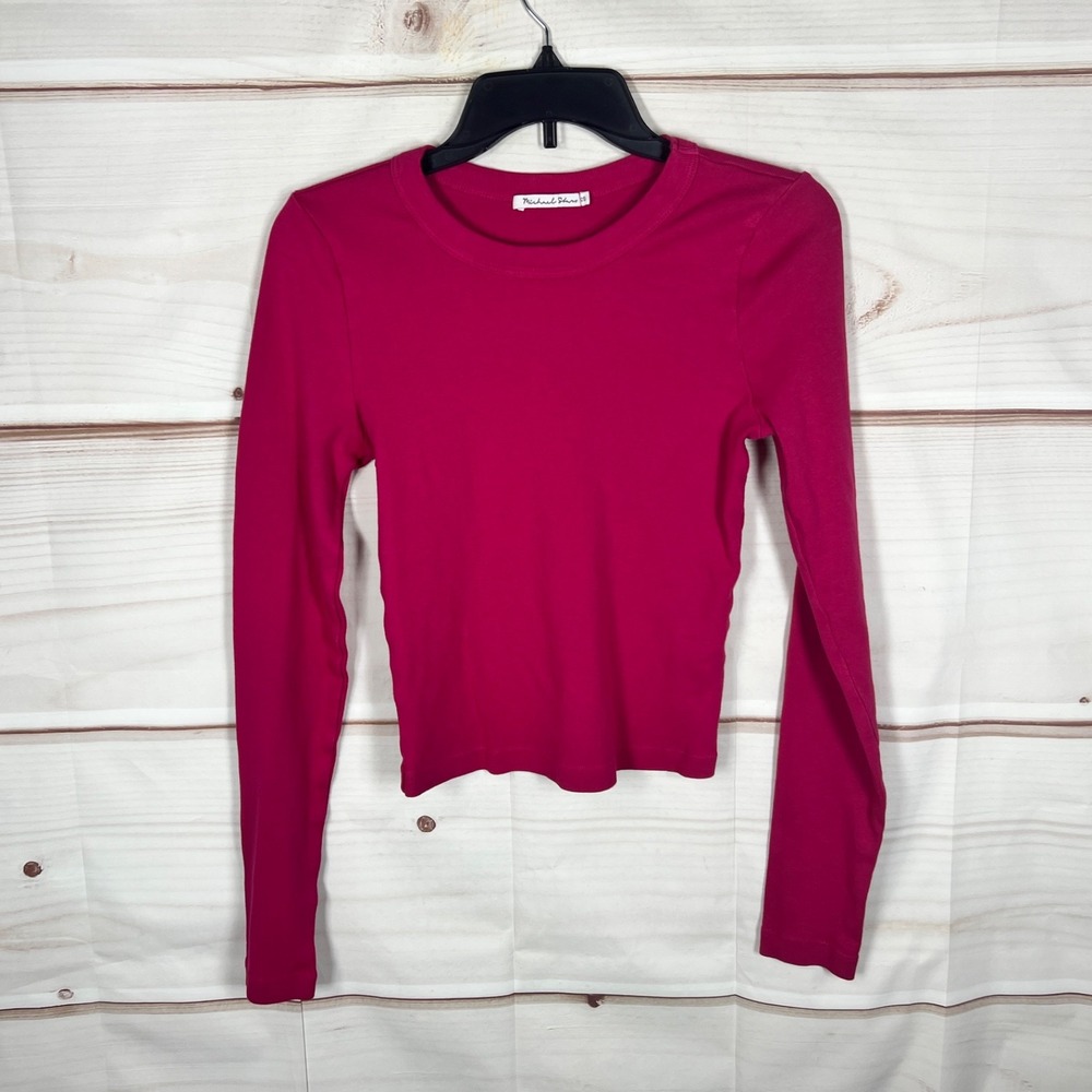 Michael Stars Top Womens One Size Pink Cotton T-Shirt Cropped Crew Neck Solid